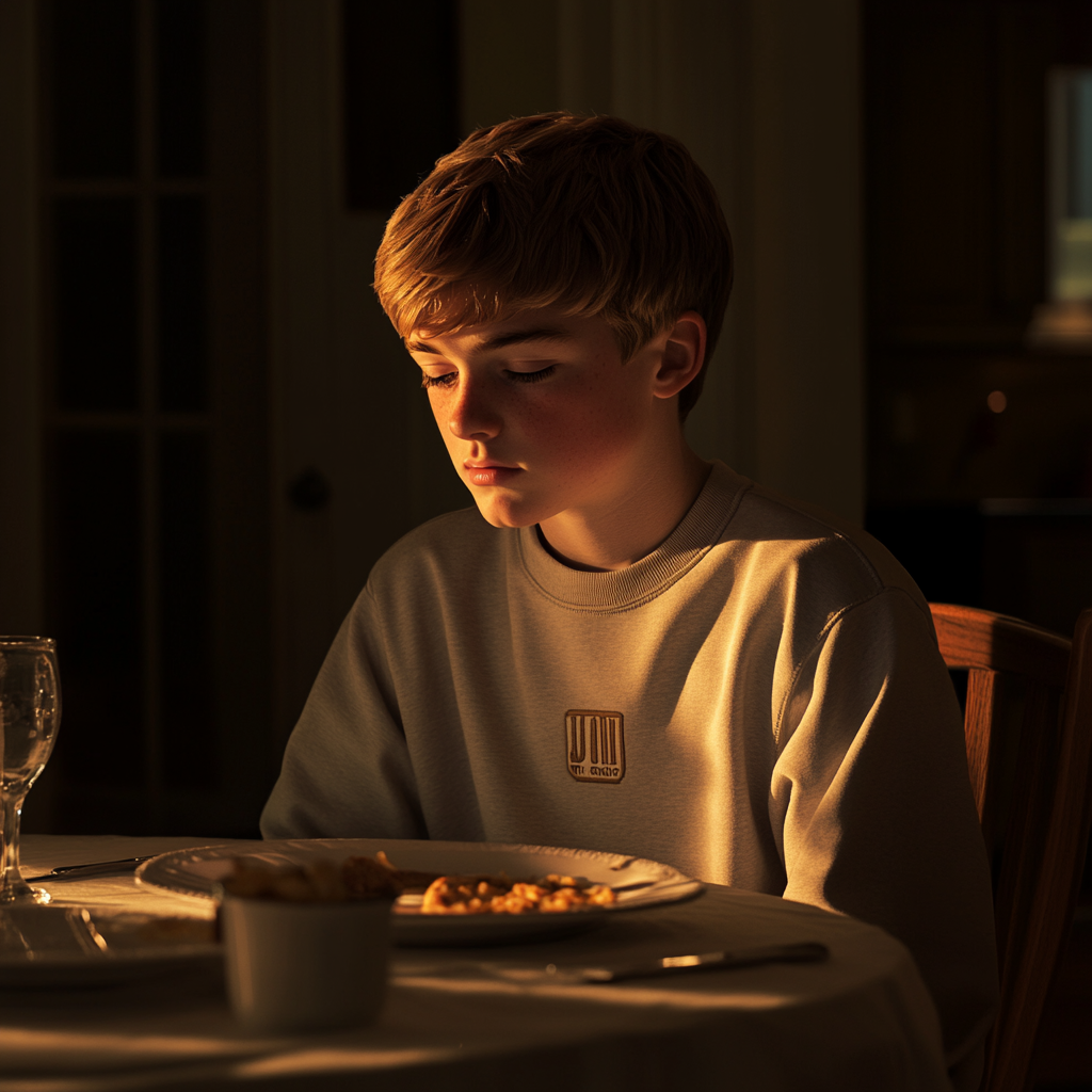 A boy looking down at the dinner table | Source: Midjourney