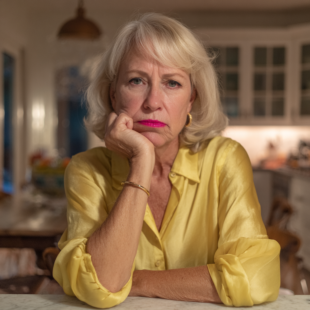 An upset older woman wearing a silk blouse | Source: Midjourney