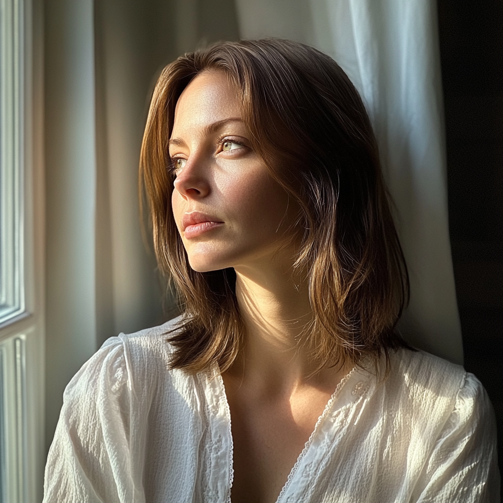 A woman standing by a window | Source: Midjourney