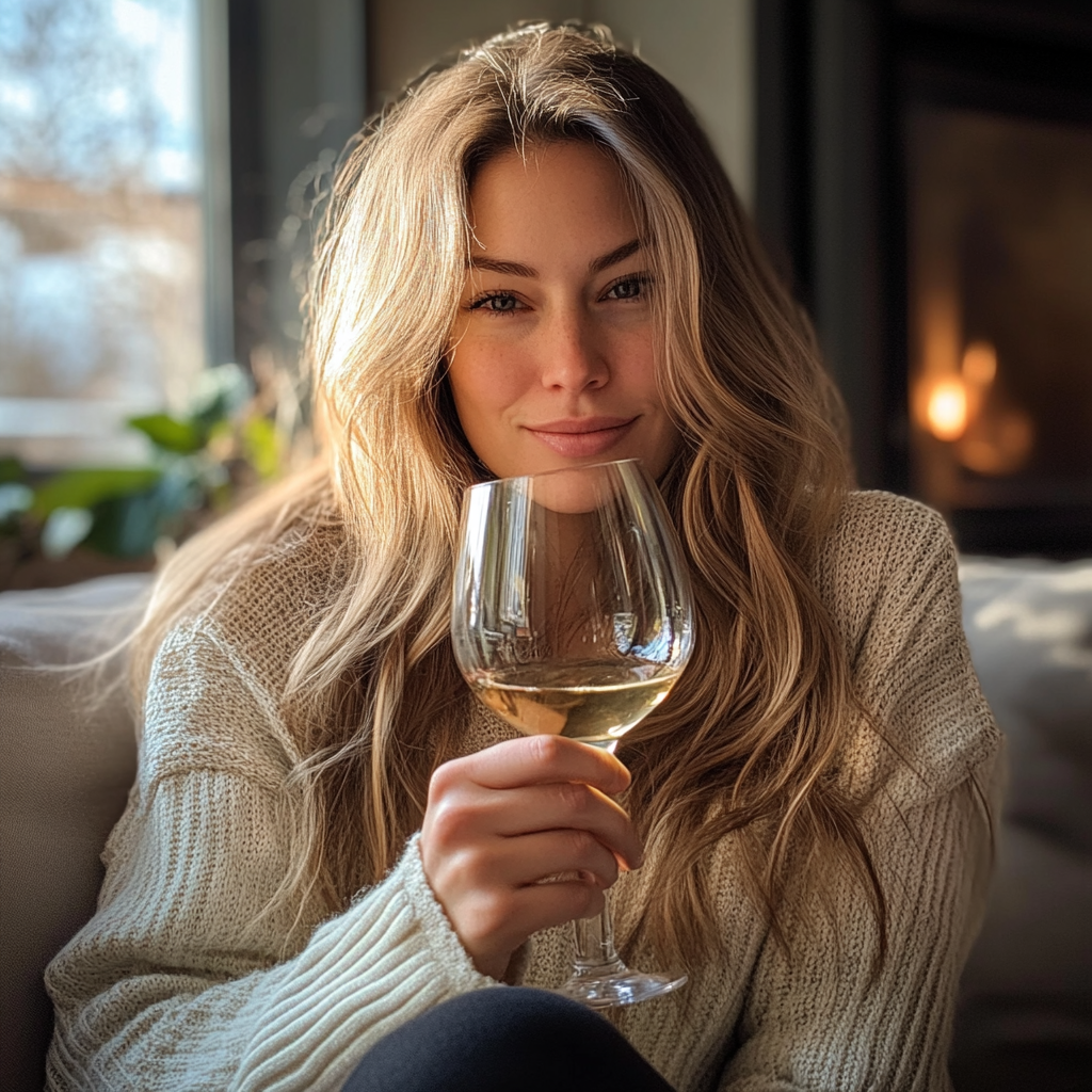 Mulher relaxando em casa com uma taça de vinho | Fonte: Midjourney