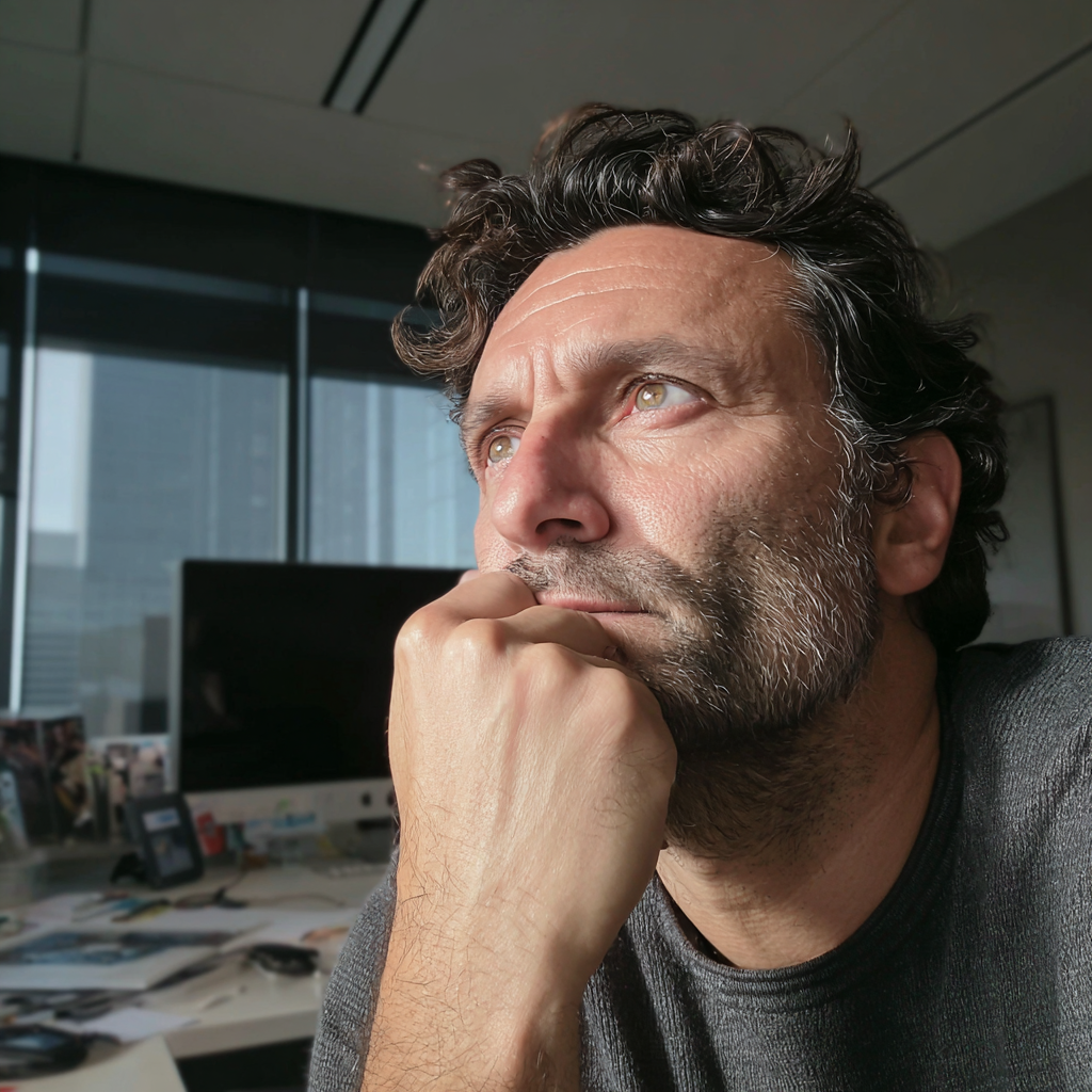 A pensive man sitting in an office | Source: Midjourney
