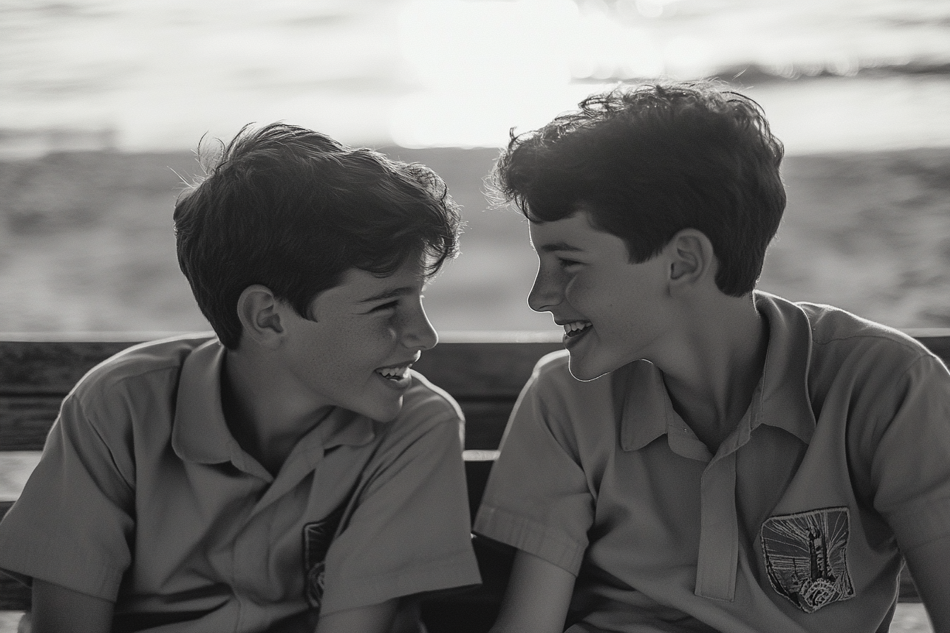 Two teenage boy scouts from the 50s laughing together on a bench | Source: Midjourney