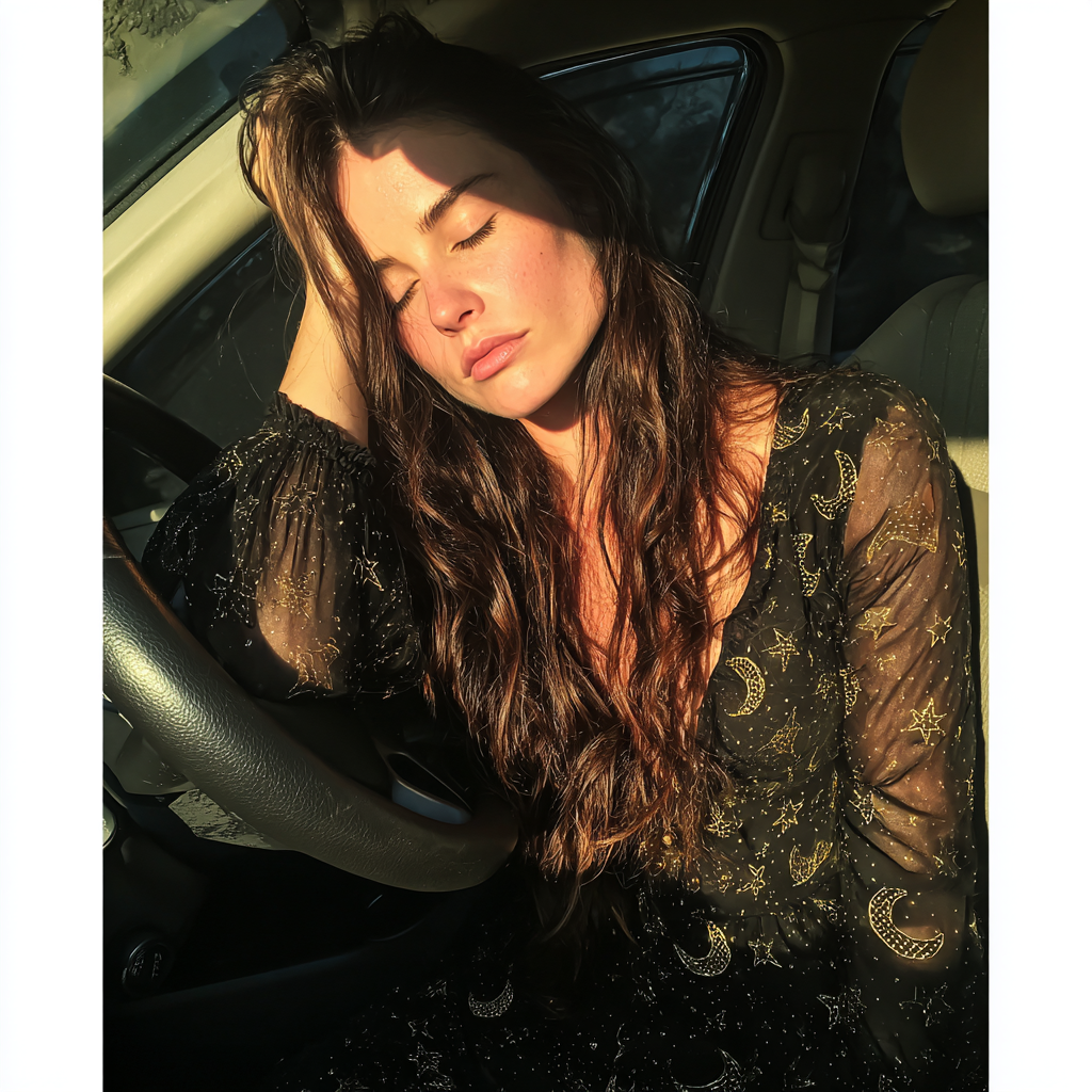 A woman sitting in a car with closed eyes | Source: Midjourney