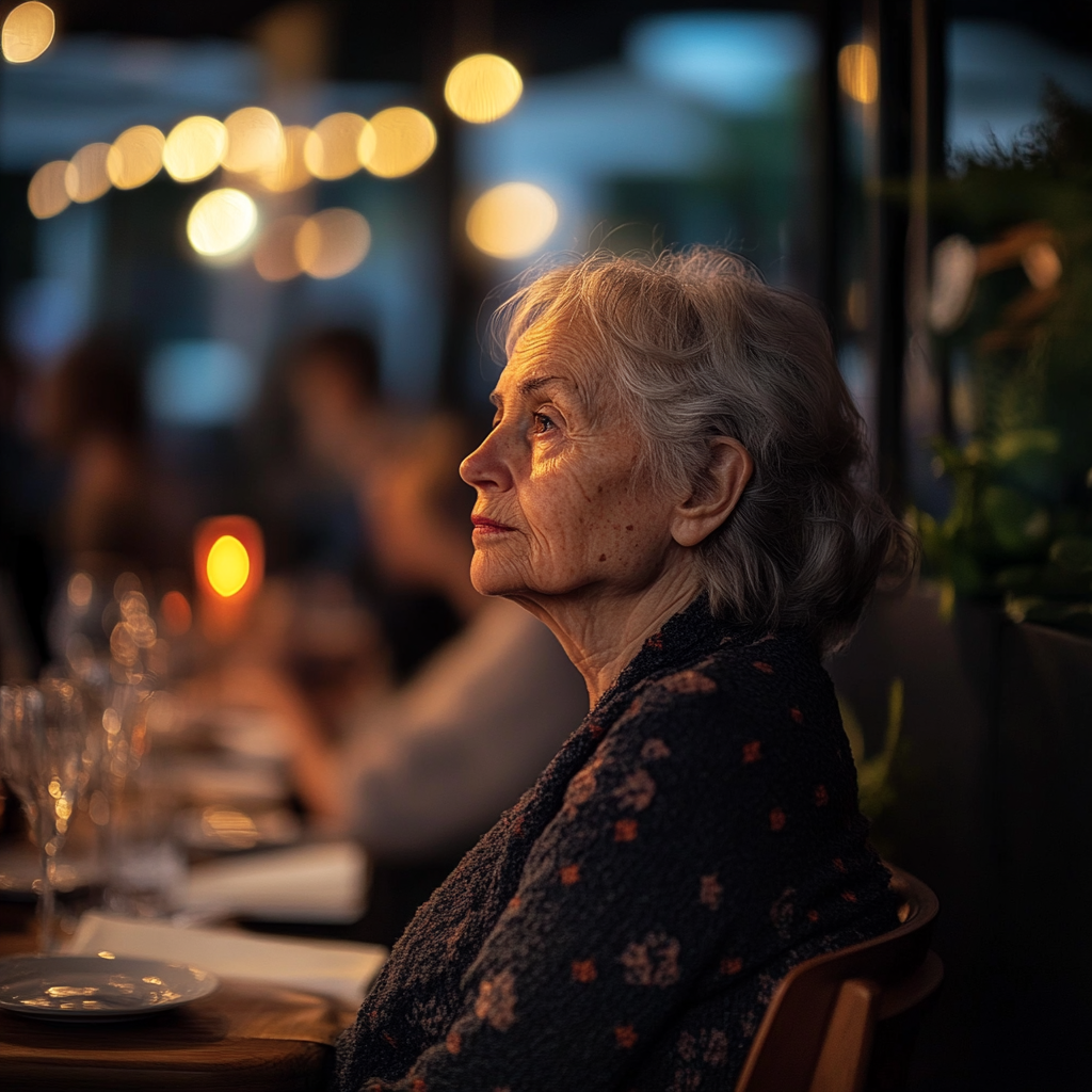 A quiet elderly woman in a restaurant | Source: Midjourney