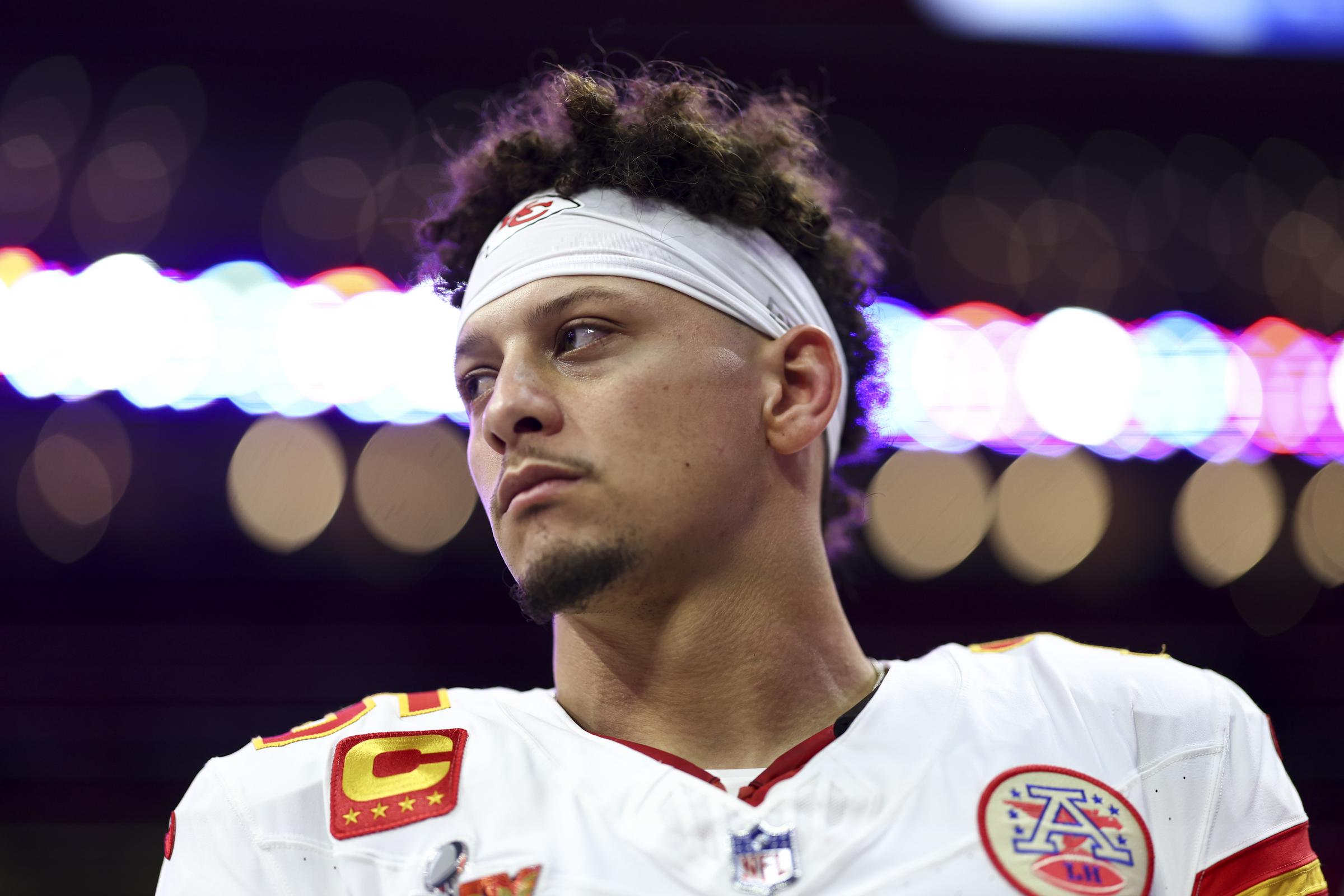 Patrick Mahomes of the Kansas City Chiefs reacting on the field during Super Bowl LIX at Caesars Superdome on February 9, 2025, in New Orleans, Louisiana. | Source: Getty Images