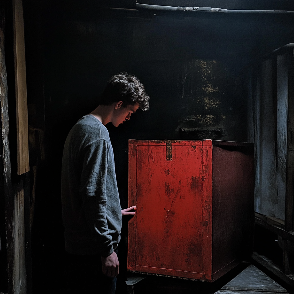 Young man opening a large old red box in the basement | Source: Midjourney