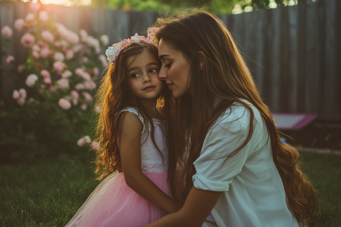 Woman hugging a girl close in a backyard | Source: Midjourney