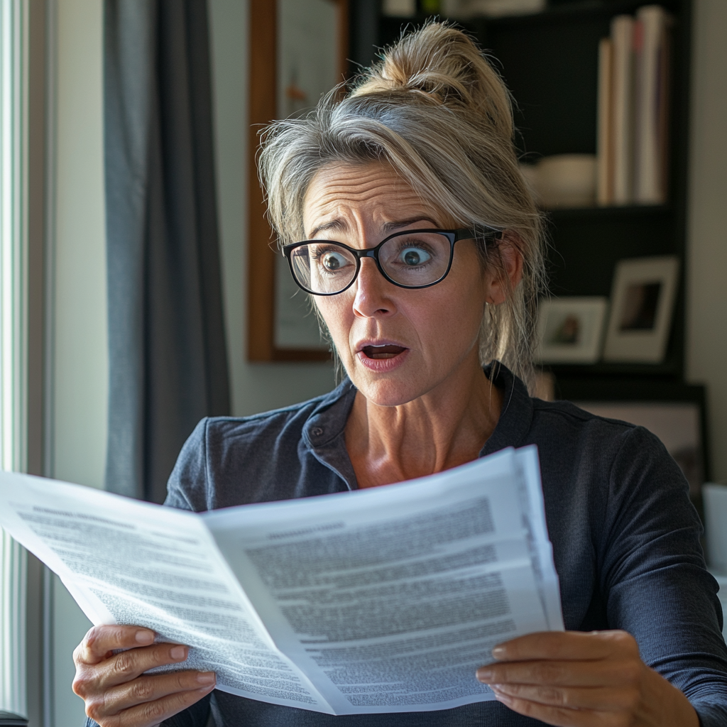 A shocked woman looking through her documents | Source: Midjourney