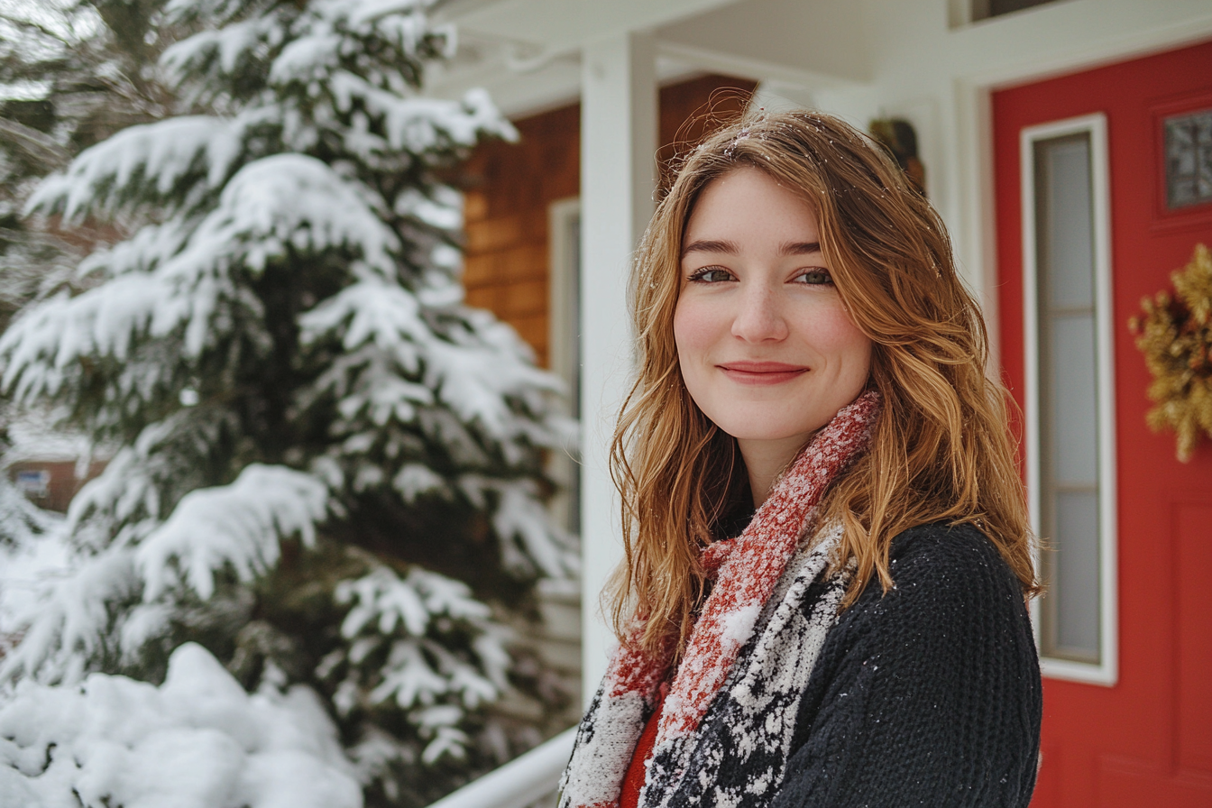 A woman on a snowy porch | Source: Midjourney