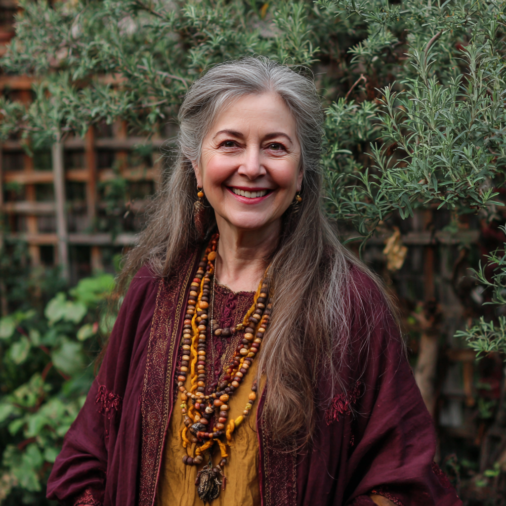 A smiling older woman wearing a maroon kaftan | Source: Midjourney