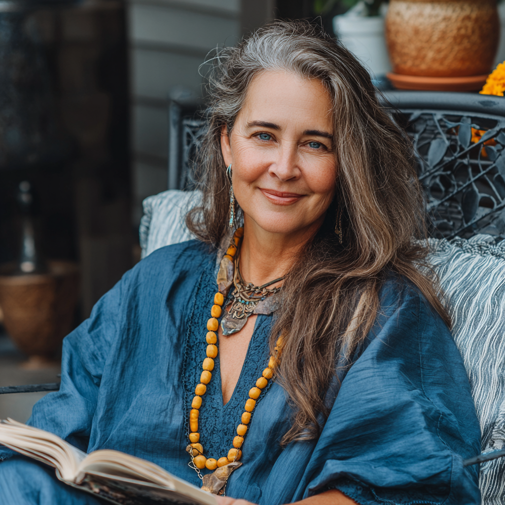 A smiling woman sitting on a patio chair | Source: Midjourney