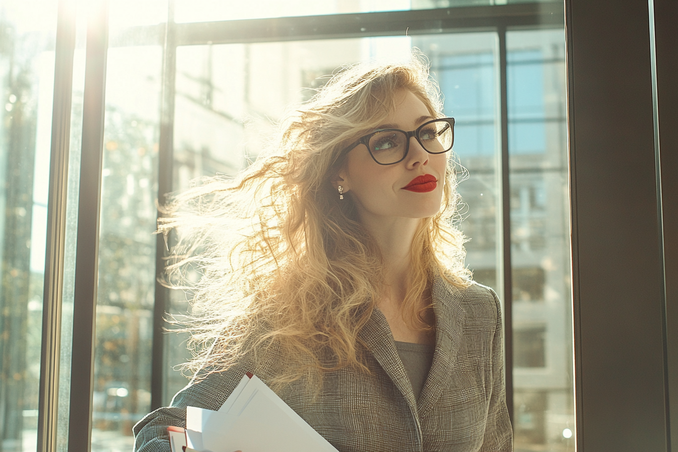 A woman, smiling, walking through a building's glass doors while holding papers | Source: Midjourney