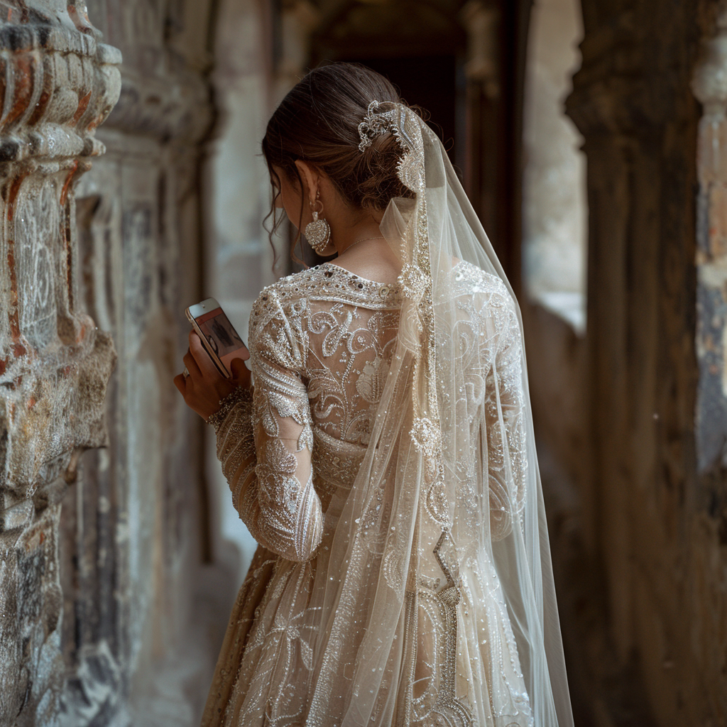 A bride texting on her phone | Source: Midjourney