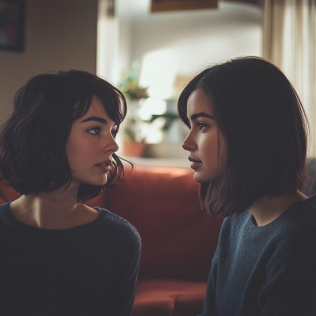 Two sisters talking | Source: Midjourney