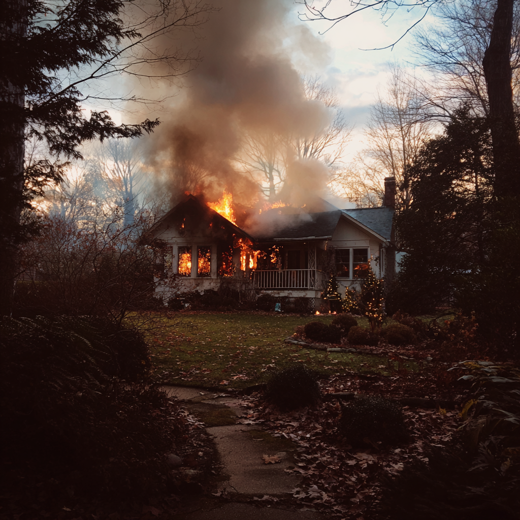 The exterior of a burning home | Source: Midjourney