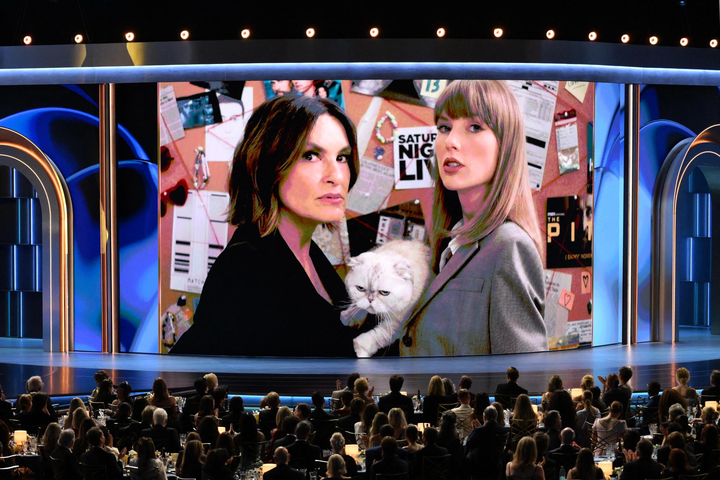 Taylor Swift and Mariska Hargitay appear together in a pre-recorded segment featuring a white cat, which played on a large screen during the 78th Primetime Emmy Awards. | Source: Getty Images