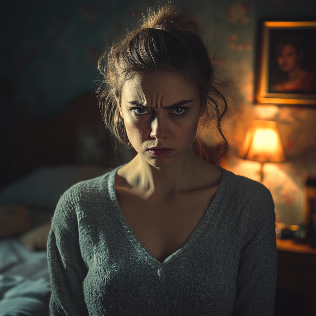 An angry woman in her bedroom | Source: Midjourney