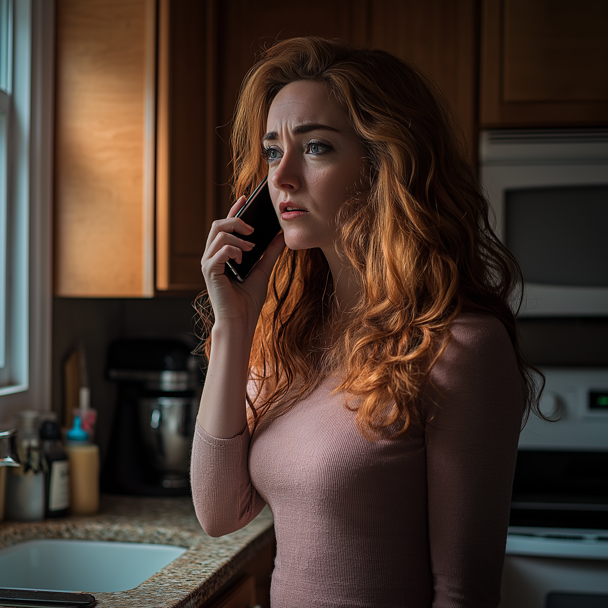 A woman talking on her phone in the kitchen | Source: Midjourney