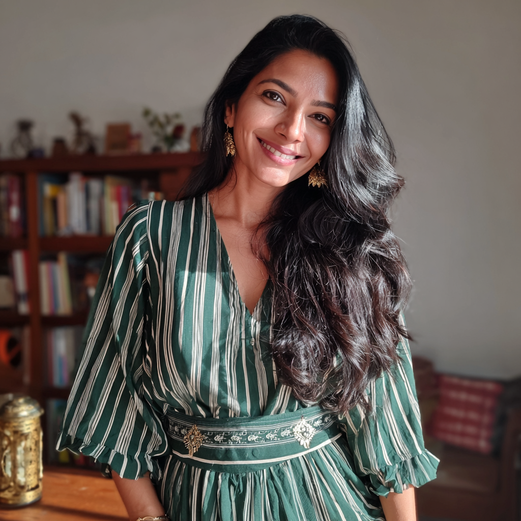 A smiling woman standing in a living room | Source: Midjourney