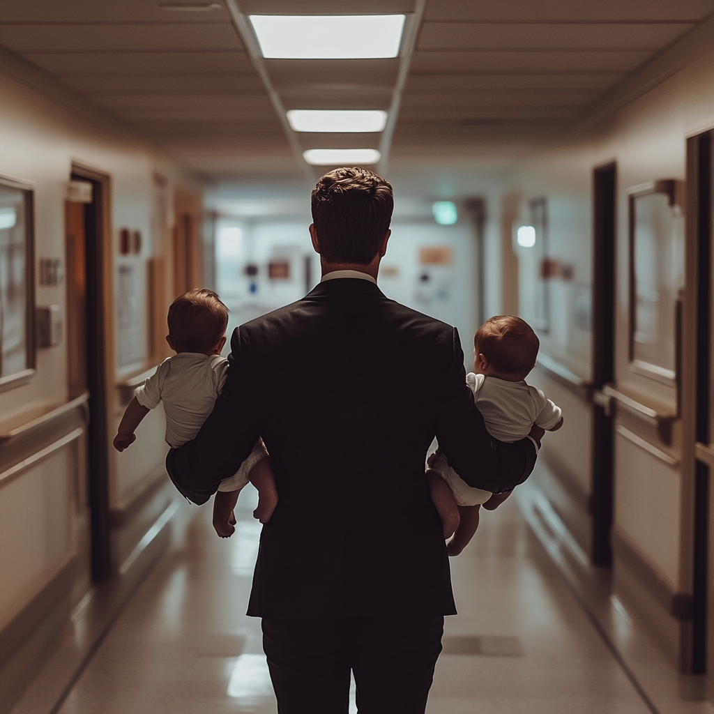 A man leaving carrying two babies in a hospital | Source: Midjourney