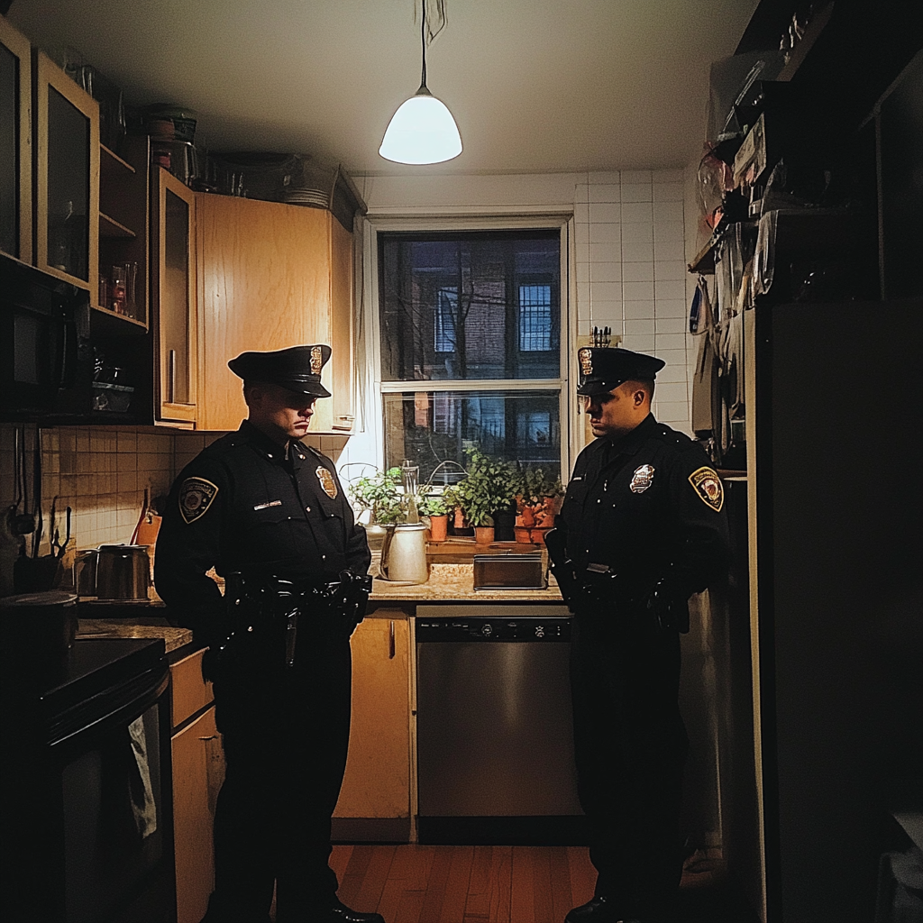 Two police officers standing in a kitchen | Source: Midjourney