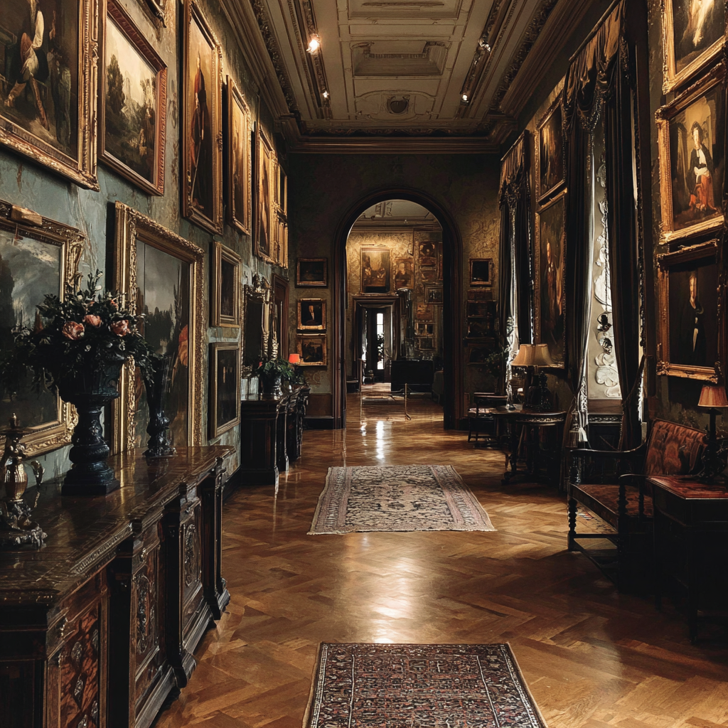 A lavish hallway with paintings and portraits | Source: Midjourney