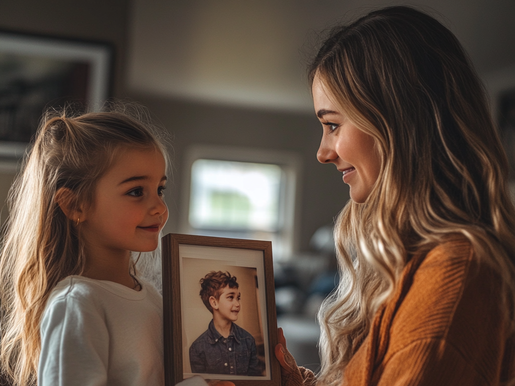 Little girl showing her dad's assistant a framed photo of her brother | Source: Midjourney