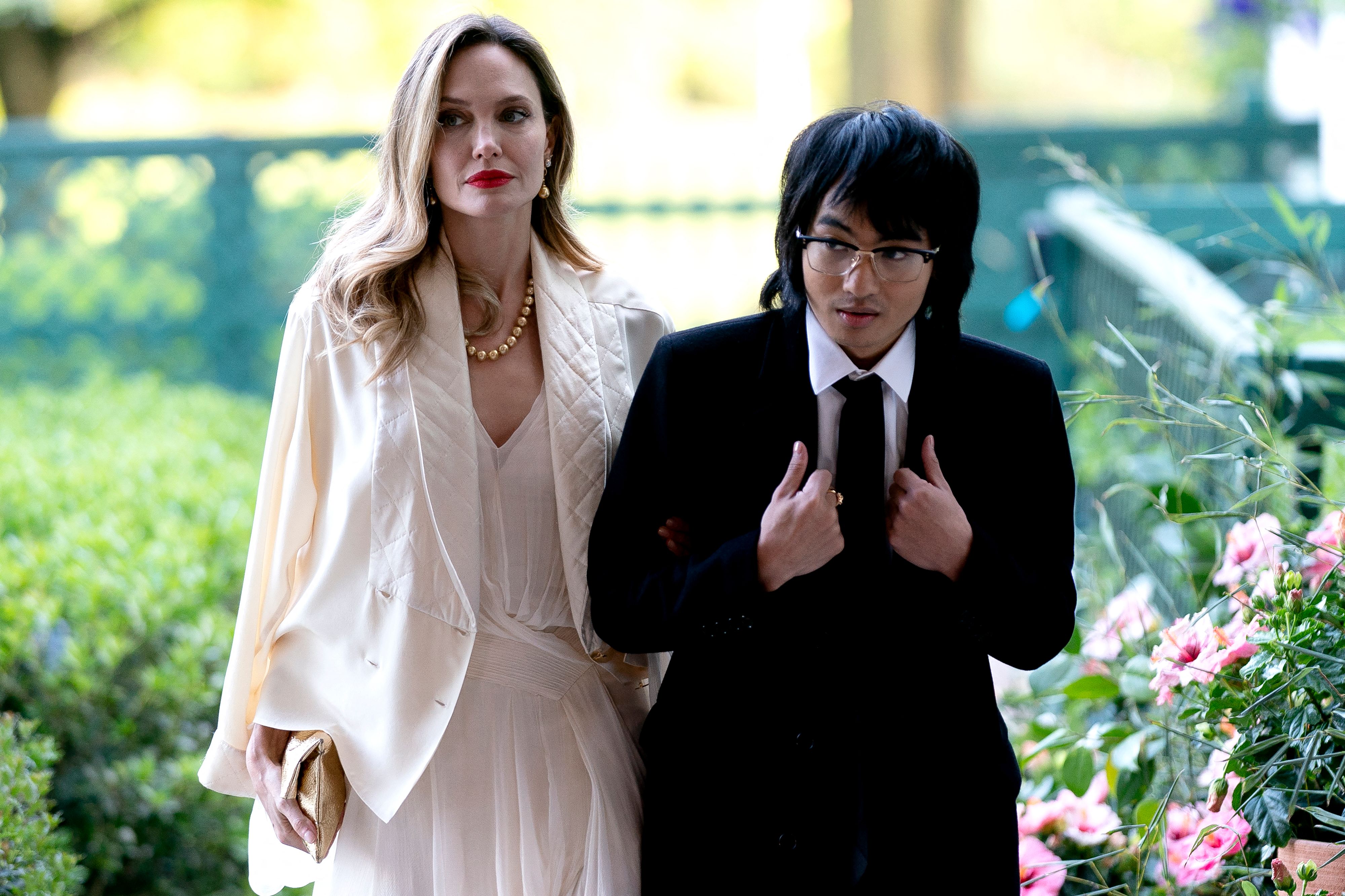 Angelina Jolie and her son Maddox arrive for Former US President Joe Biden and US First Lady Jill Biden's State Dinner, hosted for South Korean President Yoon Suk Yeol and his wife Kim Keon Hee at the White House in Washington, DC, on April 26, 2023. | Source: Getty Images