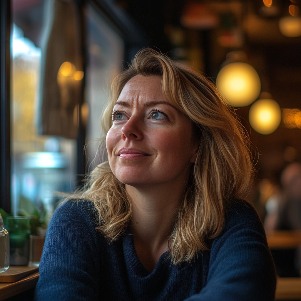 Uma mulher força um sorriso enquanto está sentada em um restaurante | Fonte: Midjourney