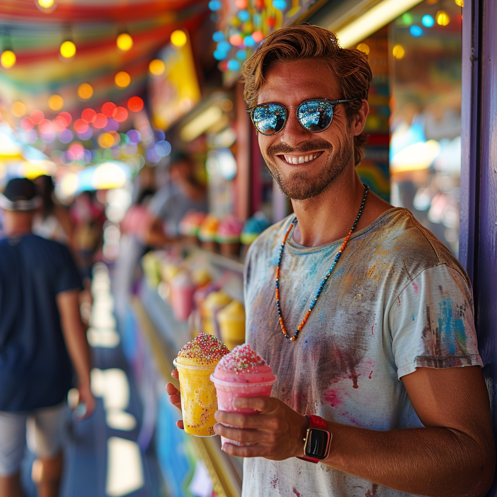 A man carrying a couple of slushies | Source: Midjourney