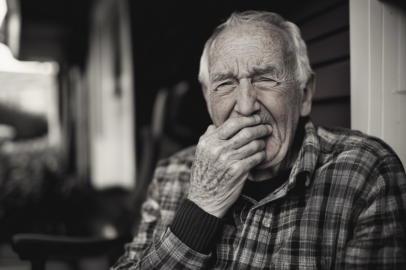 A sad elderly man with one hand over his mouth | Source: Midjourney