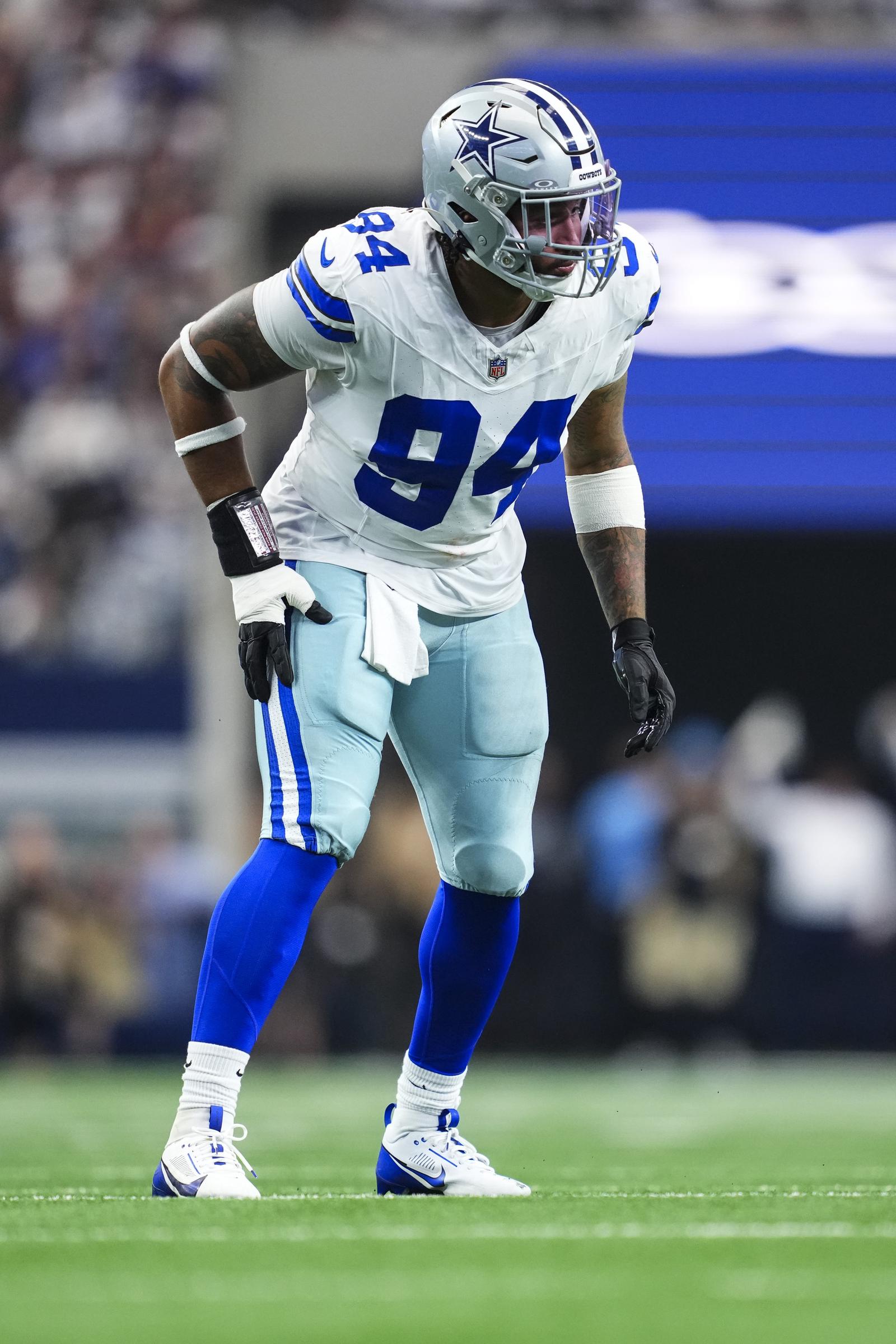 Marshawn Kneeland #94 of the Dallas Cowboys lines up before the snap during an NFL football game against the New York Giants at AT&T Field on September 14, 2025, in Arlington, Texas. | Source: Getty Images