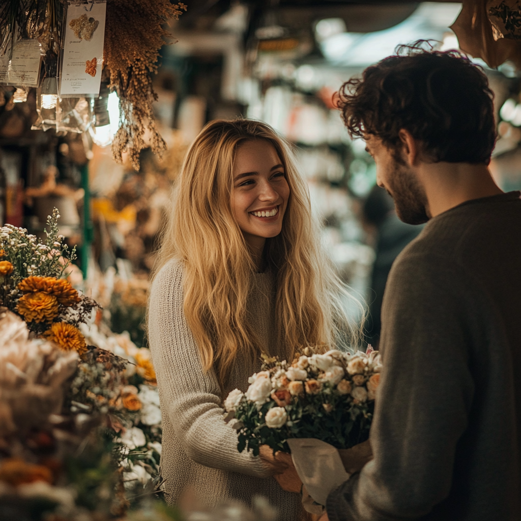 A woman talking to a man while arranging flowers | Source: Midjourney