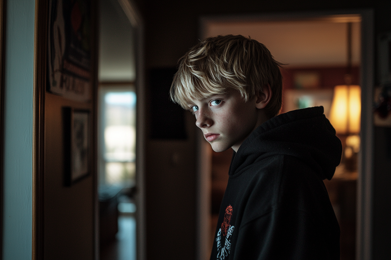 An angry blonde teenage boy in a hallway | Source: Midjourney