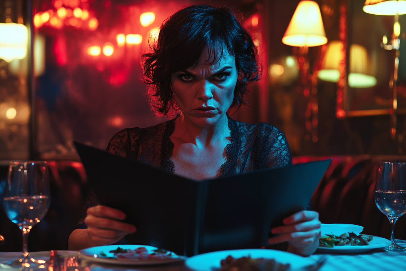 Angry woman looking at a restaurant menu | Source: Midjourney