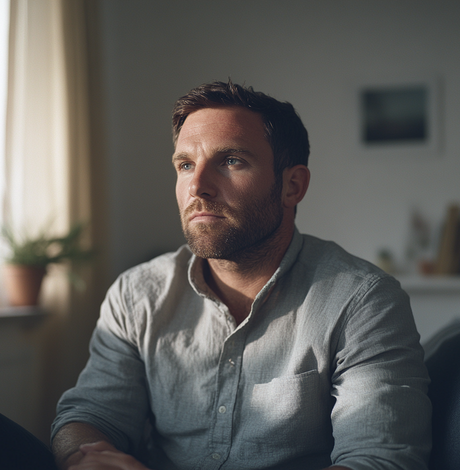 A man sitting on a couch | Source: Midjourney