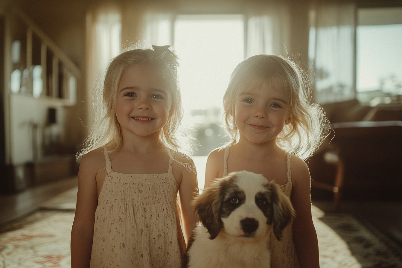 Twin girls, 5 years old, smile with a Saint Bernard puppy in the living room | Source: Midjourney