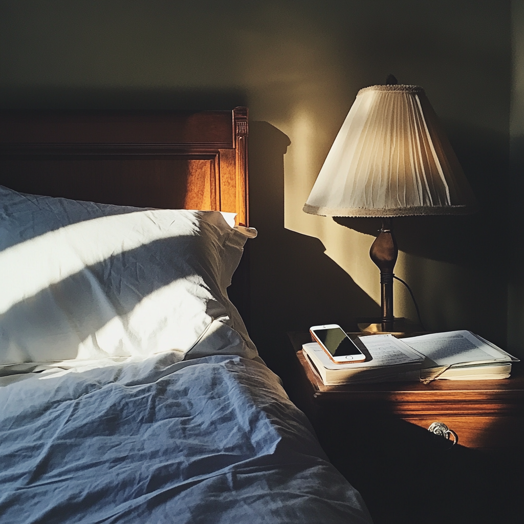 A phone on a bedside table | Source: Midjourney