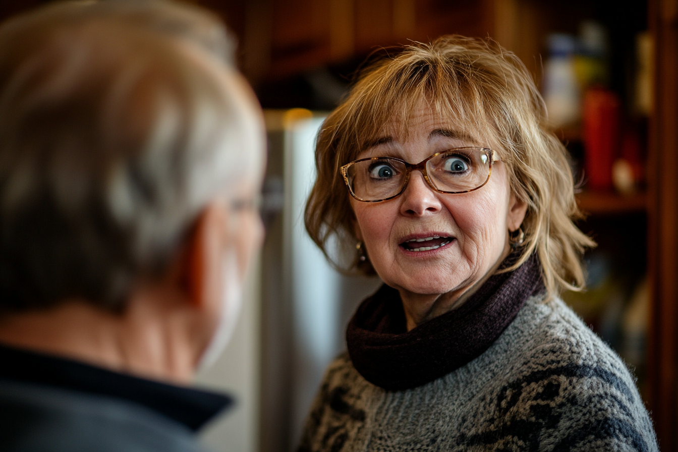 Une femme échange un regard choqué avec son mari | Source : Midjourney