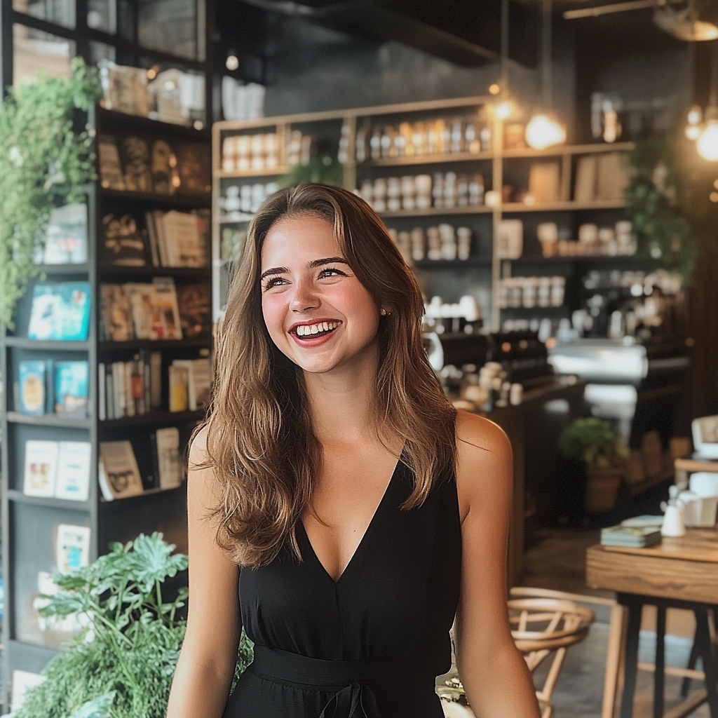 A happy woman in a coffee shop | Source: Midjourney