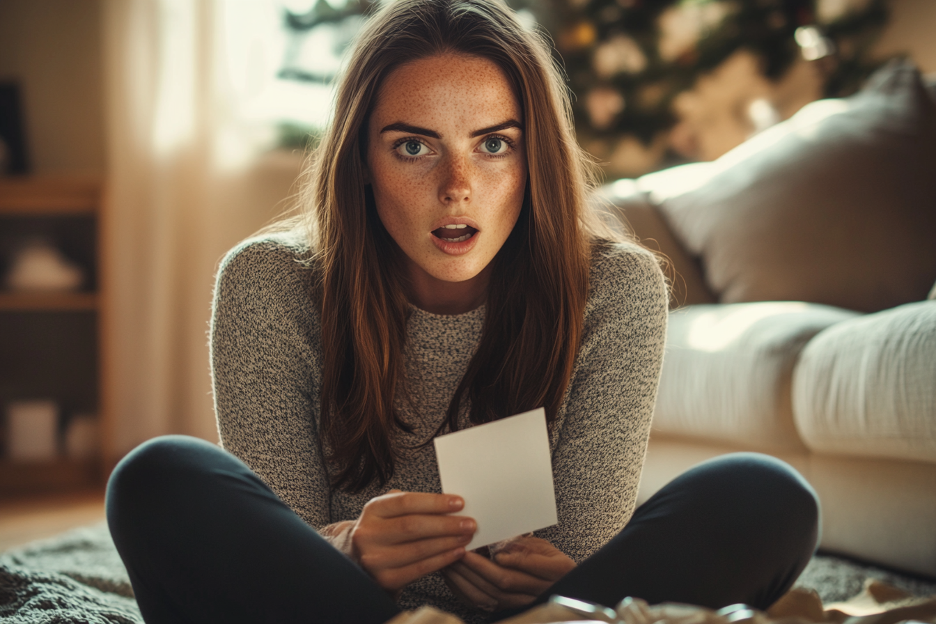 A woman staring at a gift tag in shock | Source: Midjourney