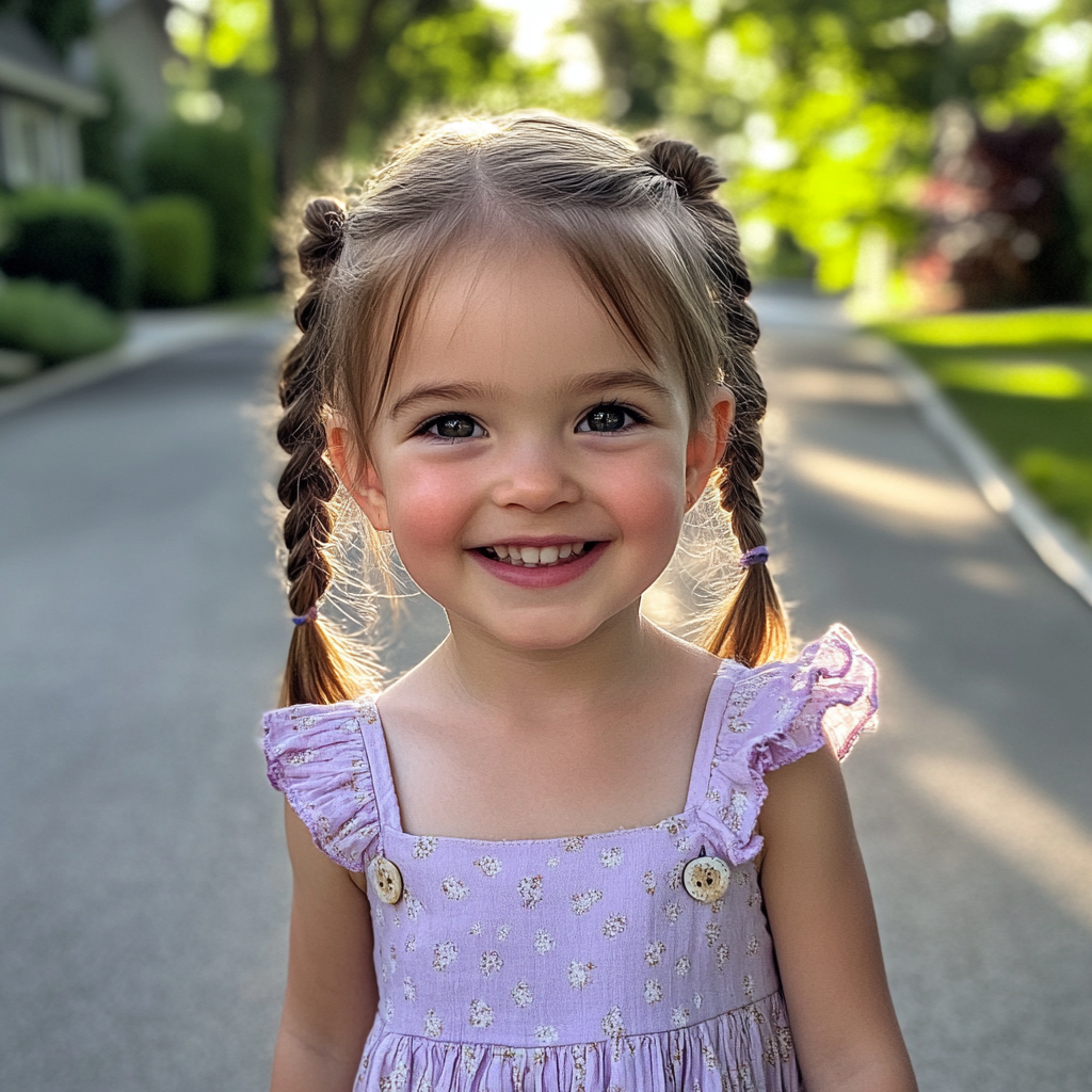 A smiling little girl wearing a lilac dress | Source: Midjourney