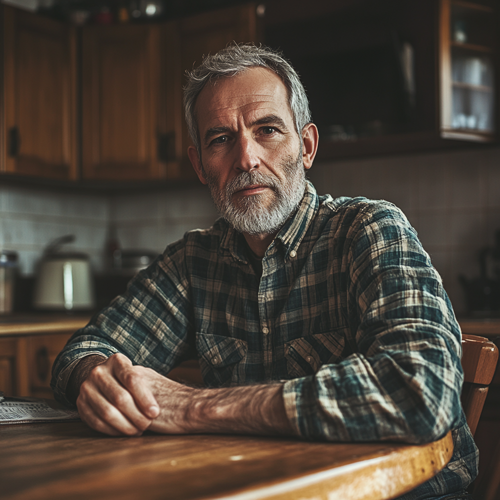 A serious man talking in his kitchen | Source: Midjourney