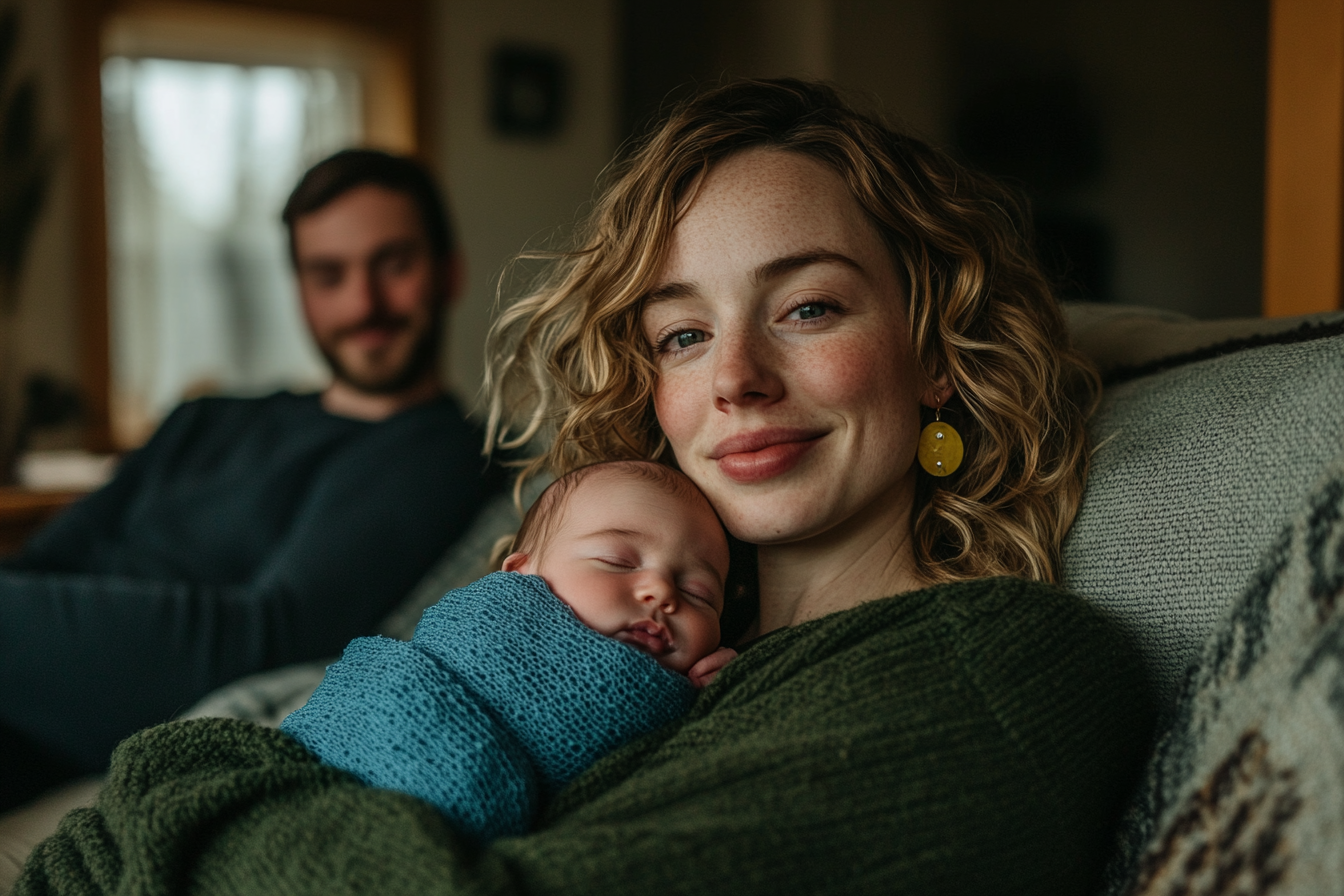 A woman in her 30s holding a newborn wrapped in a blanket, sitting on a couch with her husband smiling in the background | Source: Midjourney