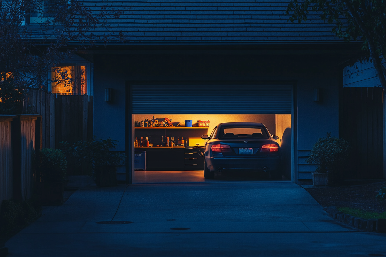 A home garage door opening at night | Source: Midjourney