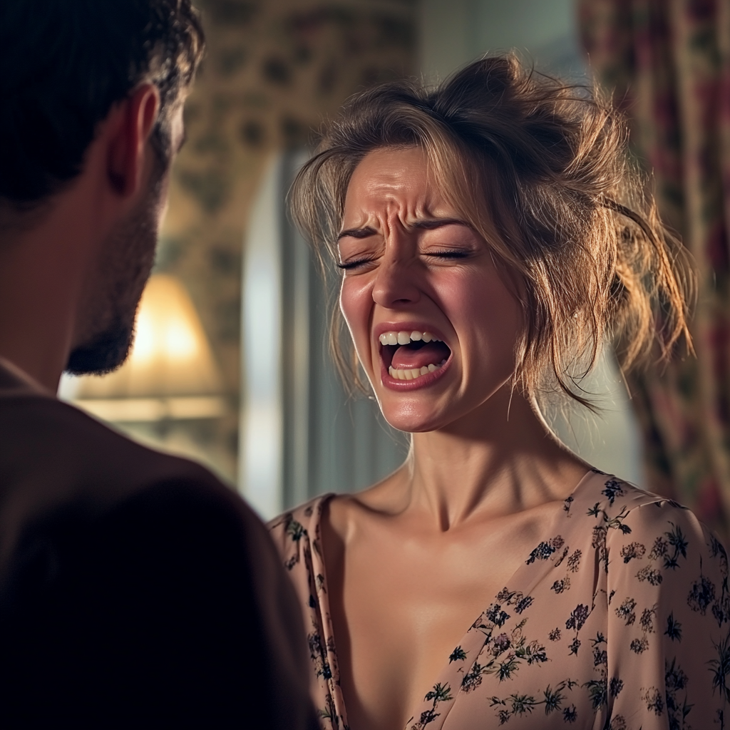 A woman sobs while standing in front of her husband | Source: Midjourney