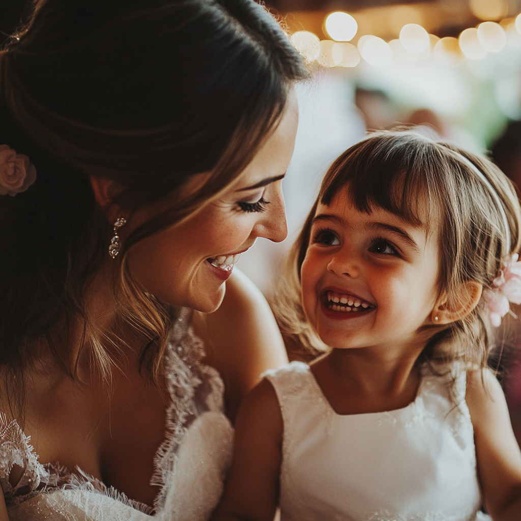 A bride and a young girl smiling at each other | Source: Midjourney