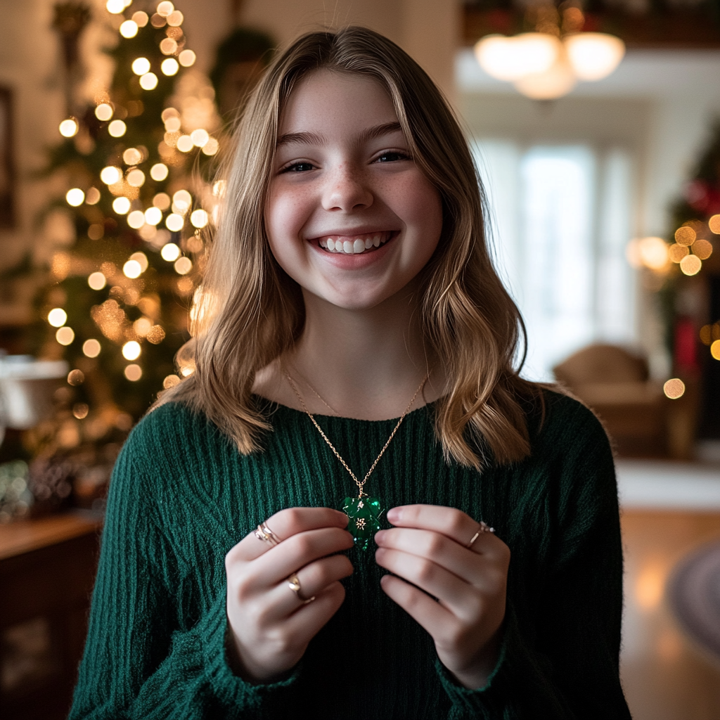 A smiling young girl wearing an emerald necklace | Source: Midjourney