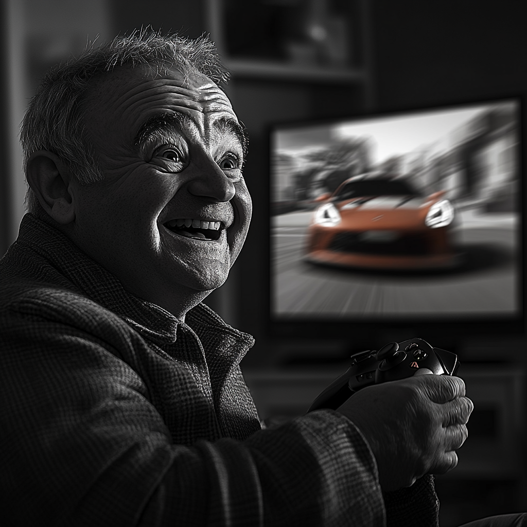 Nostalgic picture of a delighted older man playing a video game | Source: Midjourney