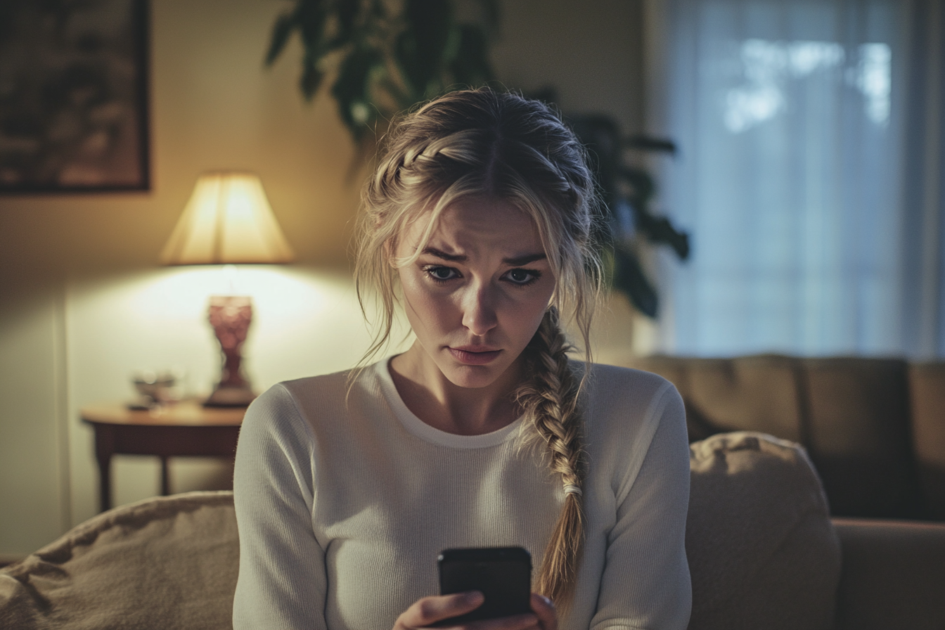 Woman in her 30s sitting on a couch in a living room at night looking upset and worried | Source: Midjourney